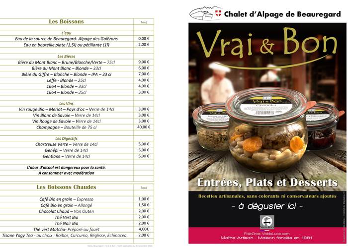 Carte des boissons chaudes et froides. Tarifs applicables à partir du 1er nov 2024.