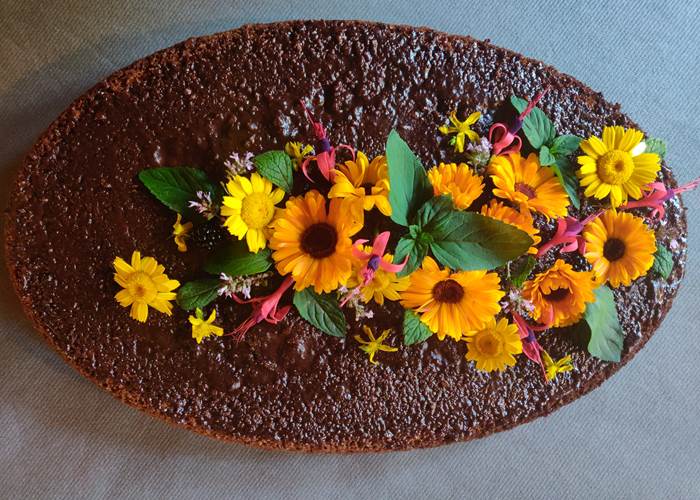 Moelleux à la châtaigne, glaçage chocolat et fleurs de saisons