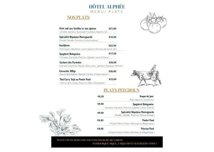 Menu Hôtel Alphée Restaurant - Barèges - Tourmalet