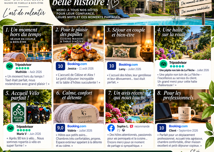 Avis clients de La Girouardière à La Flèche – chambres d’hôtes 4 épis, table d’hôtes, piscine, bain nordique, sauna et Accueil Vélo en Sarthe.