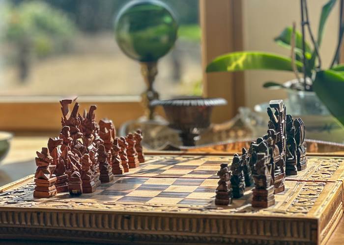 Se détendre avec une partie d'échecs avec vue sur le jardin