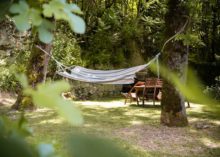 Espace détente avec hamac et fauteuil suspendu sous les arbres