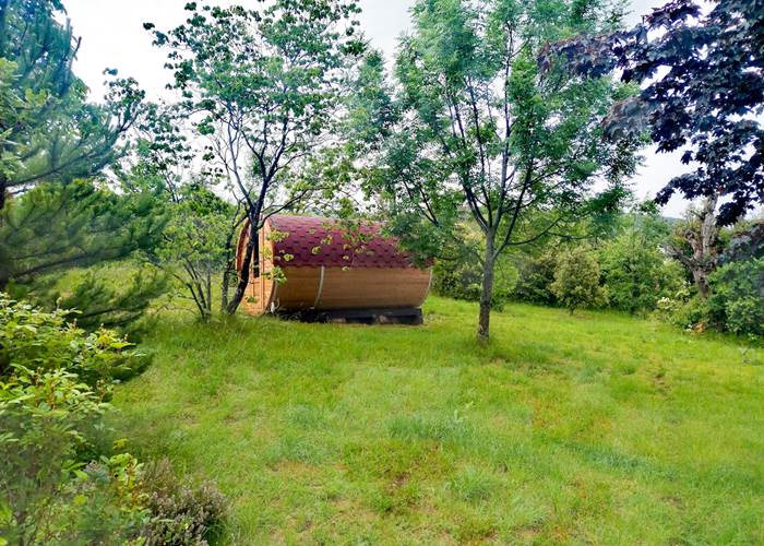Le sauna au milieu du parc, entouré d'arbres