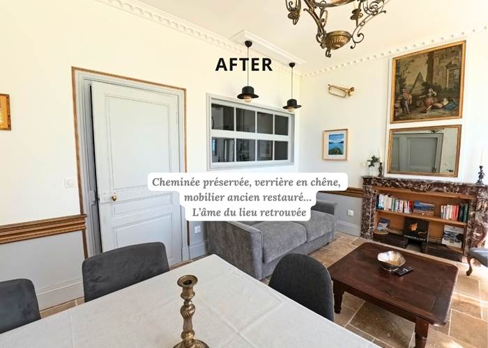 Salon rénové avec cheminée en marbre et verrière en chêne, gîte 4 étoiles à 1h de Genève