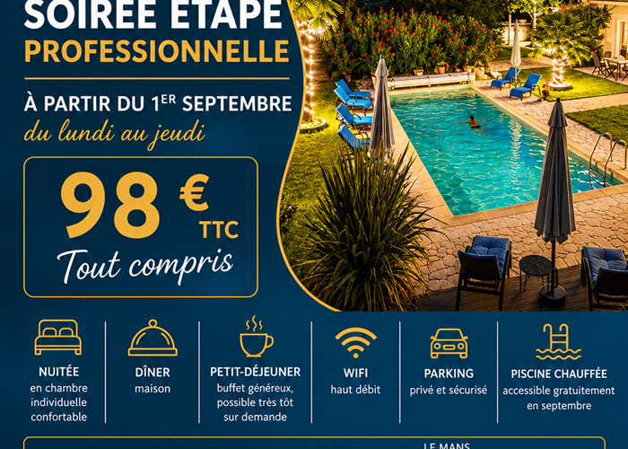 Soirée étape professionnelle à La Flèche – nuit, dîner et petit-déjeuner à La Girouardière