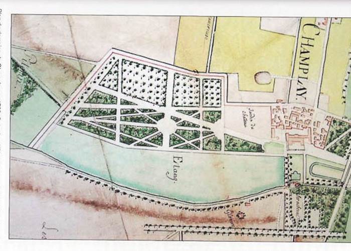 Gravure de 1782 avec les jardins et l'ancien chateau-page