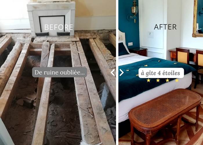 Avant-après chambre parentale rénovée au Manoir du Colombier, gîte 4 étoiles dans le Bugey