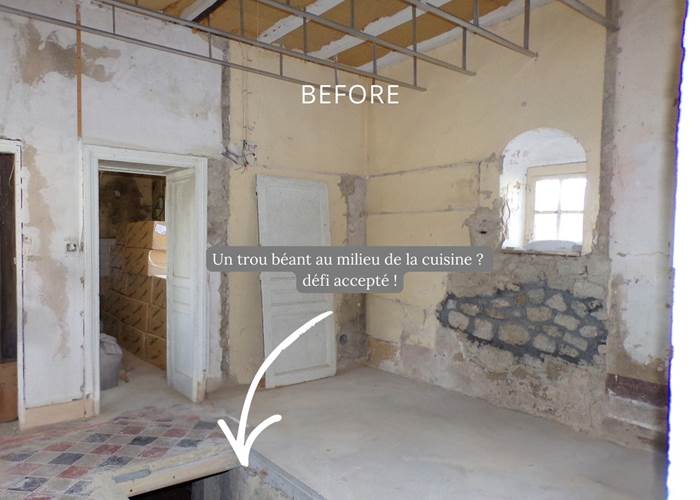 Cuisine ancienne avant rénovation, gros travaux structurels au Manoir du Colombier.