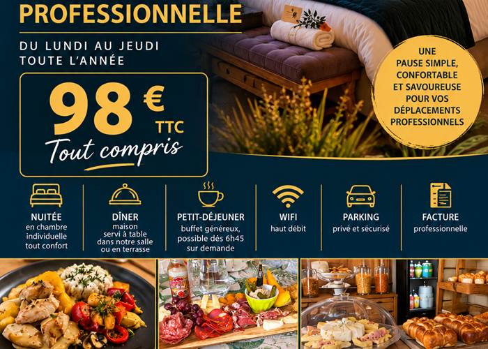 Soirée Étape Professionnelle à La Girouardière, à La Flèche : chambre confortable, dîner maison et petit-déjeuner inclus, dès 98 € TTC selon la chambre choisie.