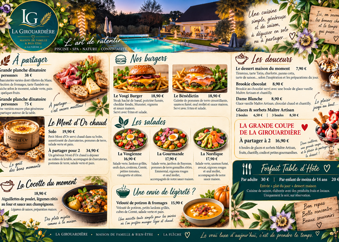 Menu du dîner maison pour soirée étape professionnelle à La Girouardière à La Flèche