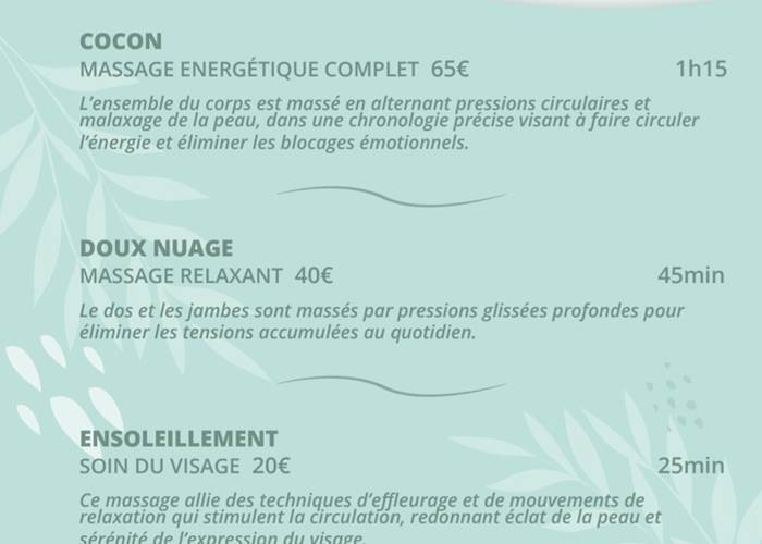 Les difféents massages et tarif