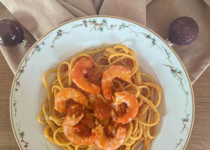 crevettes à la brésilienne sur lit de linguine dîner réveillon Demeure du Porzou