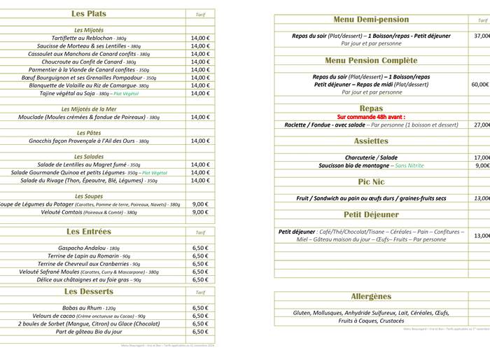 Carte des repas. Tarifs applicables à partir du 1er Nov 2024