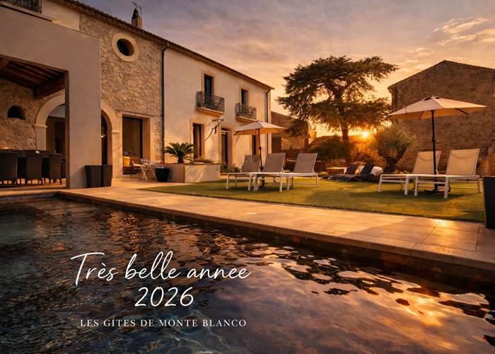 Piscine des Gîtes de Monte Blanco au coucher du soleil à Montblanc, Hérault-news