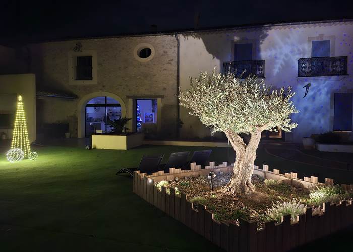 Extérieur des Gîtes de Monte Blanco décoré pour Noël avec olivier illuminé.-news