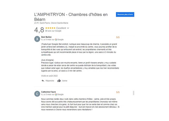 Chambres d'hôtes l'Amphitryon - Un exemple d'avis sur Google