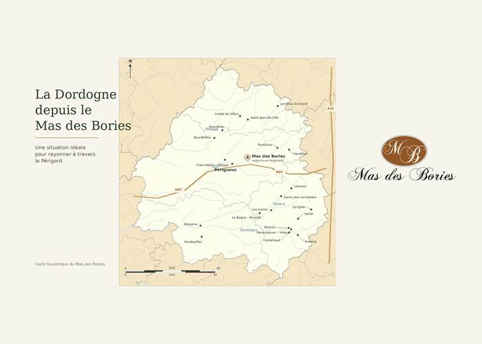 Carte touristique de la Dordogne présentant les principaux sites à visiter depuis le Mas des Bories, hôtel de charme situé à 9 km de Périgueux.