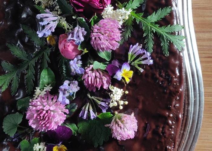 Gâteau chocolat/noisette, glaçage chocolat et fleurs printanières