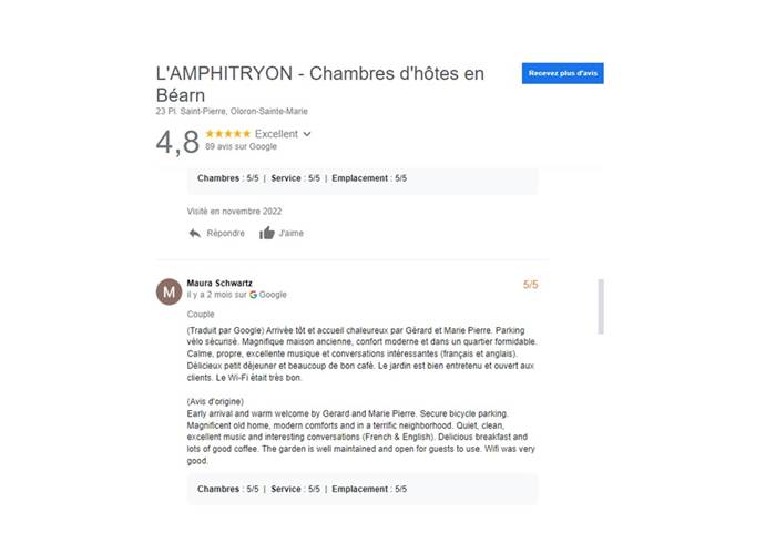 Chambres d'hôtes l'Amphitryon - Un exemple d'avis sur Google