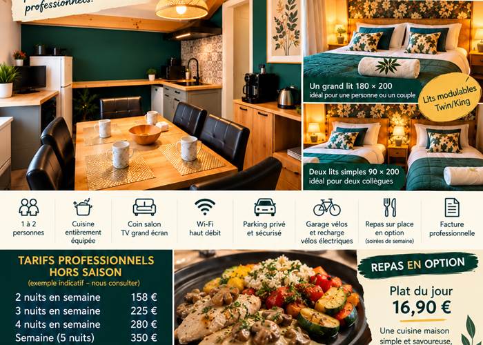 La Voie Verte, gîte équipé pour 1 à 2 professionnels à La Flèche : cuisine, lits séparables et séjours de plusieurs nuits. Idéal pour les techniciens, artisans et équipes intervenant sur les chantiers de la Sarthe.