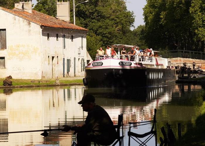Péniche sur le Canal du Midi dans un cadre calme et verdoyant au printemps dans l’Hérault