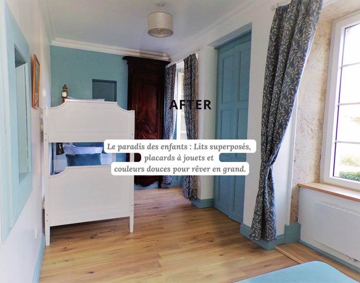 Chambre enfants rénovée, lits superposés et ambiance douce, gîte familial 4 étoiles Bugey.