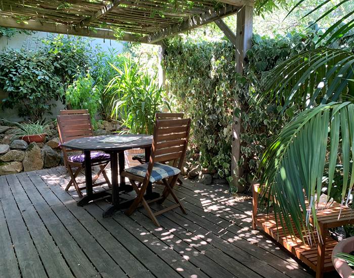 La terrasse est ombragée par une grande glycine