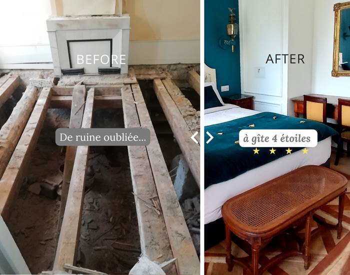 Avant-après chambre parentale rénovée au Manoir du Colombier, gîte 4 étoiles dans le Bugey