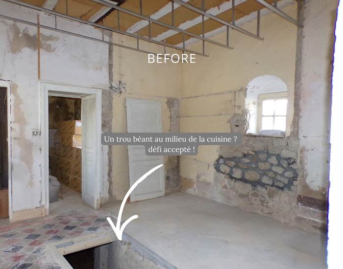 Cuisine ancienne avant rénovation, gros travaux structurels au Manoir du Colombier.