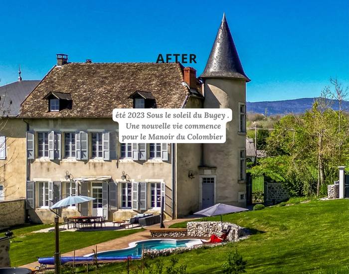 Vue aérienne du Manoir du Colombier rénové, jardin, piscine et bain nordique à 1h20 de Lyon