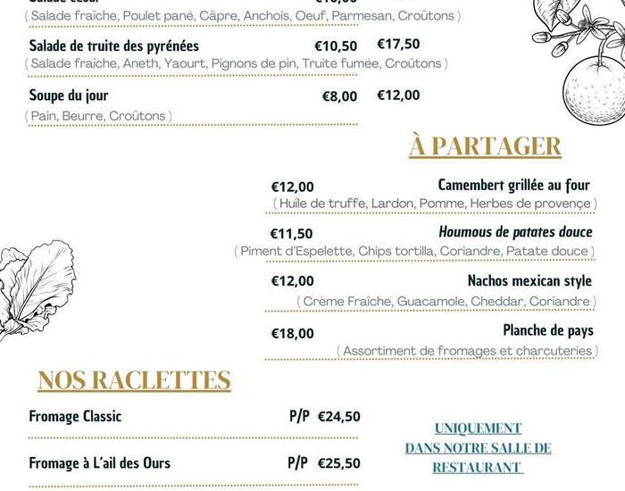 Menu Hôtel Alphée - Restaurant Barèges / Entrées