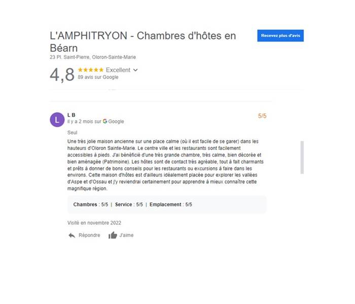 Chambres d'hôtes l'Amphitryon - Un exemple d'avis sur Google