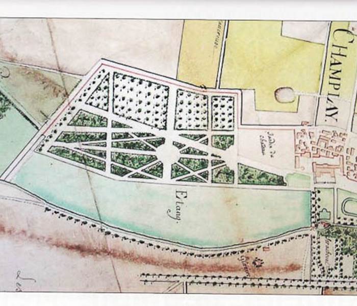 Gravure de 1782 avec les jardins et l'ancien chateau