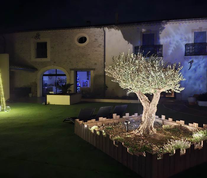Extérieur des Gîtes de Monte Blanco décoré pour Noël avec olivier illuminé.