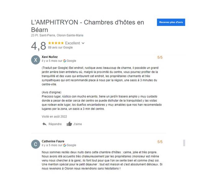 Chambres d'hôtes l'Amphitryon - Un exemple d'avis sur Google