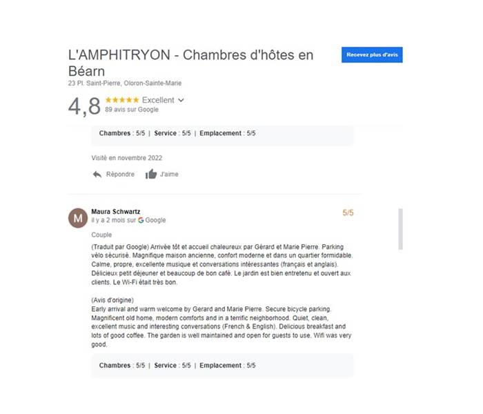 Chambres d'hôtes l'Amphitryon - Un exemple d'avis sur Google