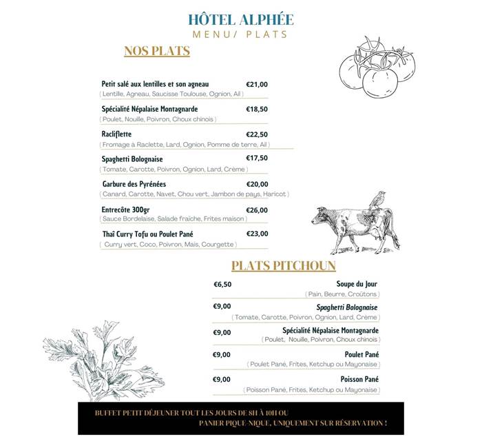 Menu Hôtel Alphée Restaurant - Barèges - Tourmalet