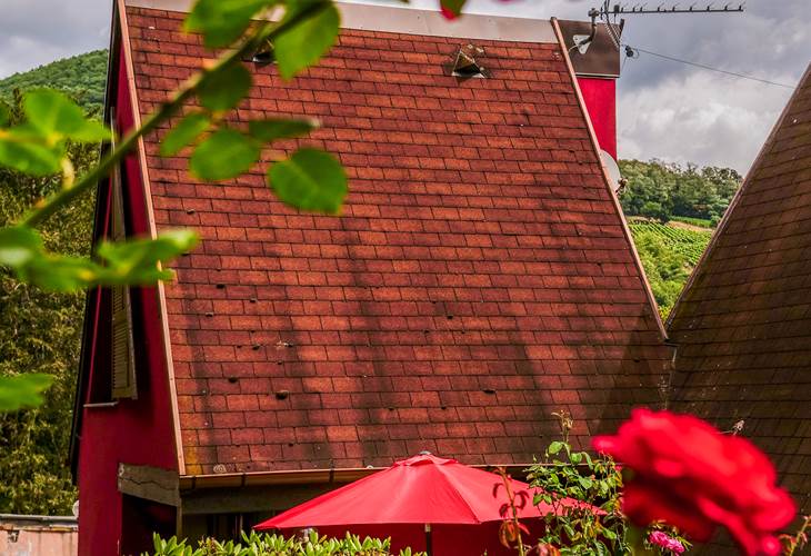 Le pavillon en été dans son cadre très verdoyant et fleuri