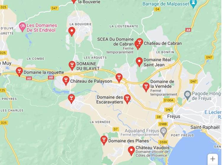 Carte des Domaines Viticoles de Roquebrune-sur-Argens