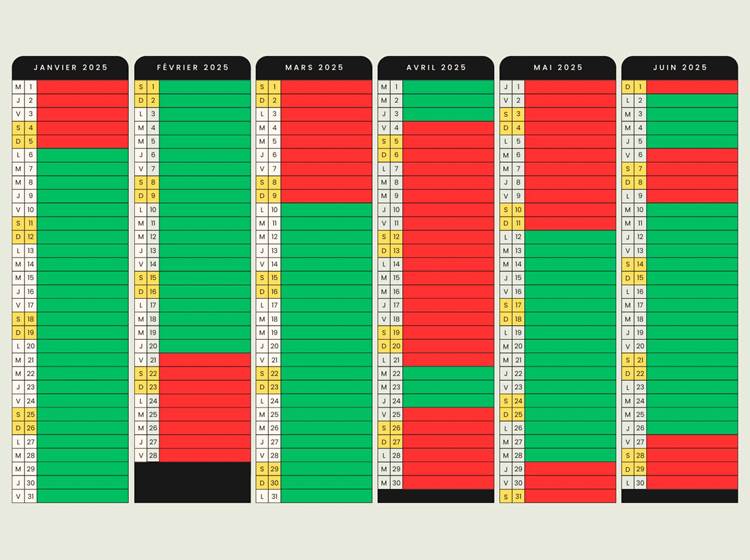 2025 Saisons Janvier Juin (ROUGE-haute saison / VERT-basse sasison)