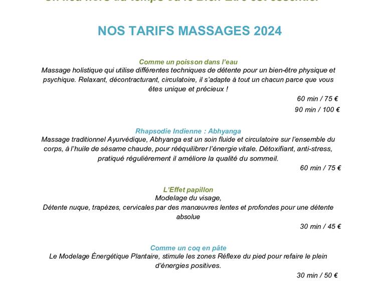 tarif massages 2024