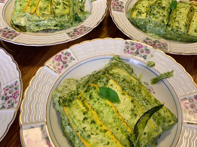 Gratin de ravioles du Dauphiné aux courgettes et pesto