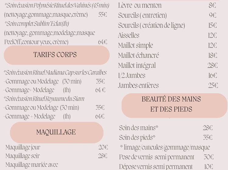 Tarif 2025 des Prestations Bien-Être d'Allison