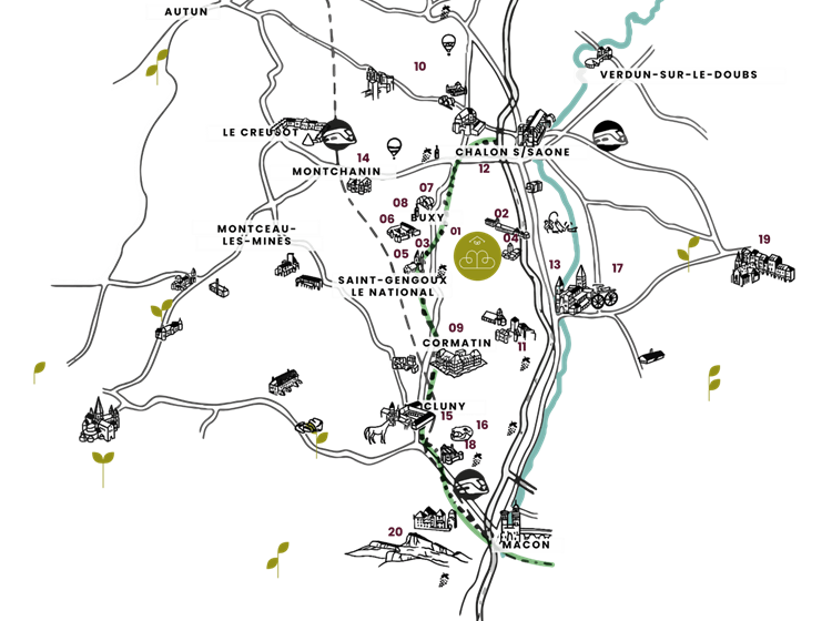 Carte des attractions touristiques proche de Bed and Bourgogne - chambres d'hôtes à Messey-sur-Grosne