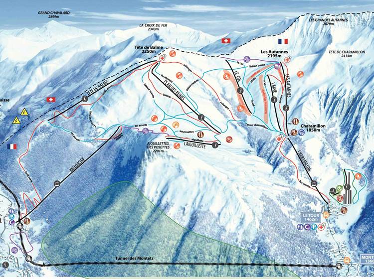 Plan des pistes, ski slopes area, du domaine de la Balme/Vallorcine