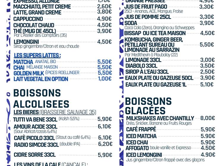 Carte des boissons