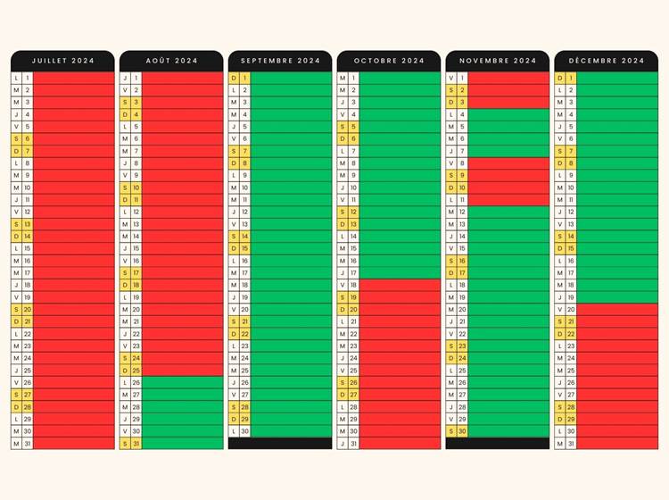 2024 Saisons Juillet-Décembre (ROUGE-haute saison / VERT-basse sasison)