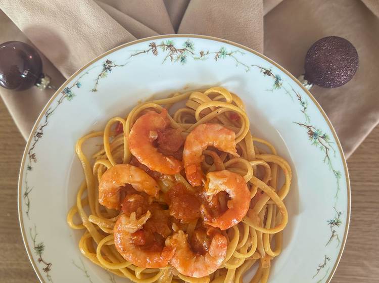 crevettes à la brésilienne sur lit de linguine dîner réveillon Demeure du Porzou