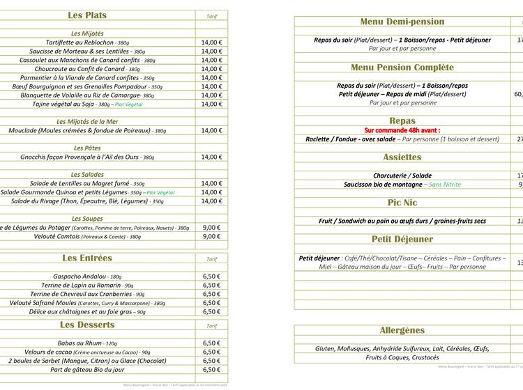 Carte des repas. Tarifs applicables à partir du 1er Nov 2024