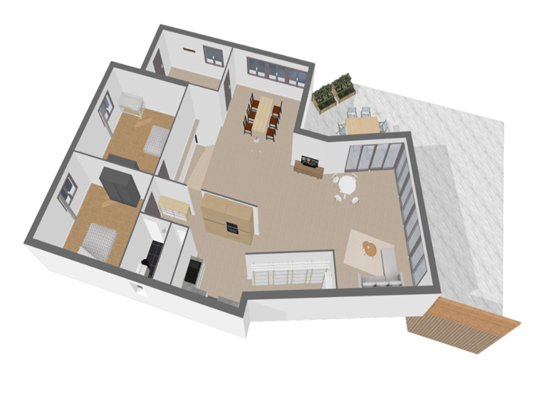 plan 3d avec extérieur du rez de chaussée / 3d plan with ground floor exterior